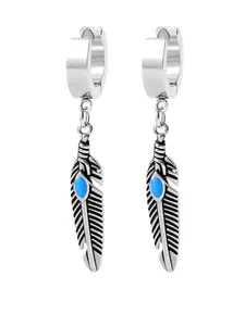1Pair Stainless Steel Dangle Huggie Earrings Set, Fishbone/Cross/Feather/Cat Charm Drop Hoop Earrings, Punk Boho Unisex Piercing Jewelry for Men Women