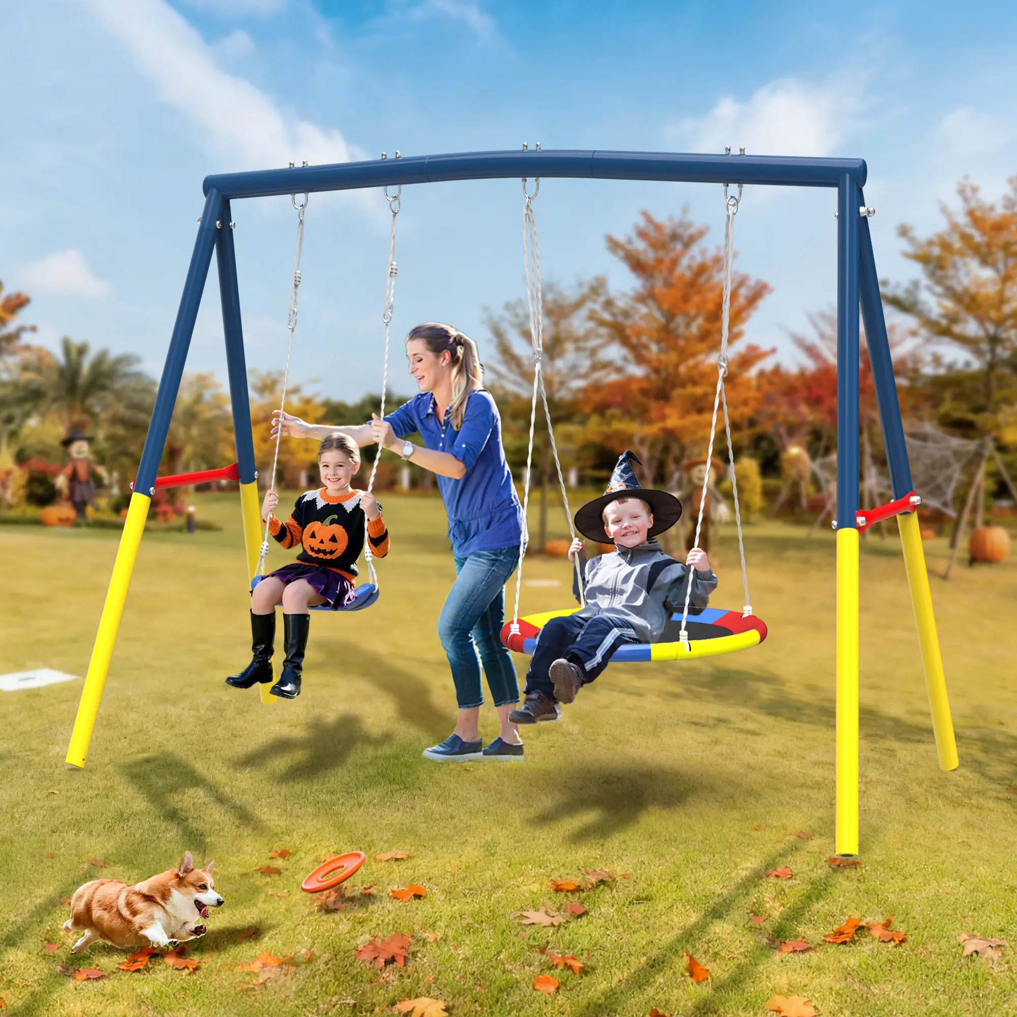 Mersco Heavy-Duty Metal Playground Set, 440lbs Sturdy Frame Outdoor Play Equipment with 32" Saucer & 26.2" Belt Double Swings for Backyard Kids' Play, Holiday Gifts, Kids Outdoor Play