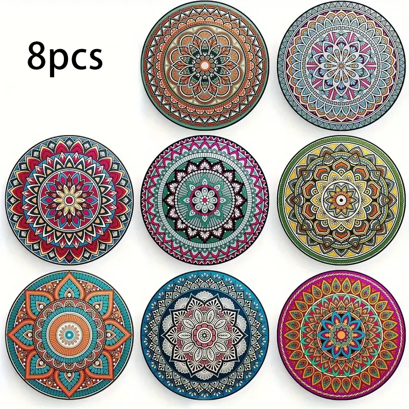 8 Pcs Mandala Pattern Round Coasters, Heat Resistant Absorbent Cup Mats Non-Slip Decorative Drink Coasters for Tabletop Protection