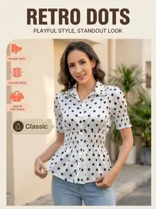 Women's Vintage Puff Sleeve Blouse - Lightweight Fabric, Smocked Waist, Slimming Fitted Button Down Top, Polka Dot & Gingham Prints, Feminine Outfit for Spring Summer Casual Elegant Womenswear Breathable