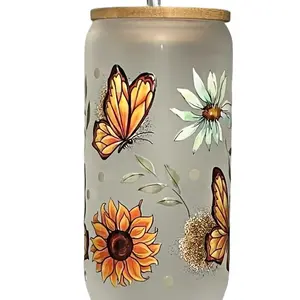 Sublimation Frosted Glass Cups with Decal Wrap Featuring Flowers and Butterfly's Design Bamboo Lid Included