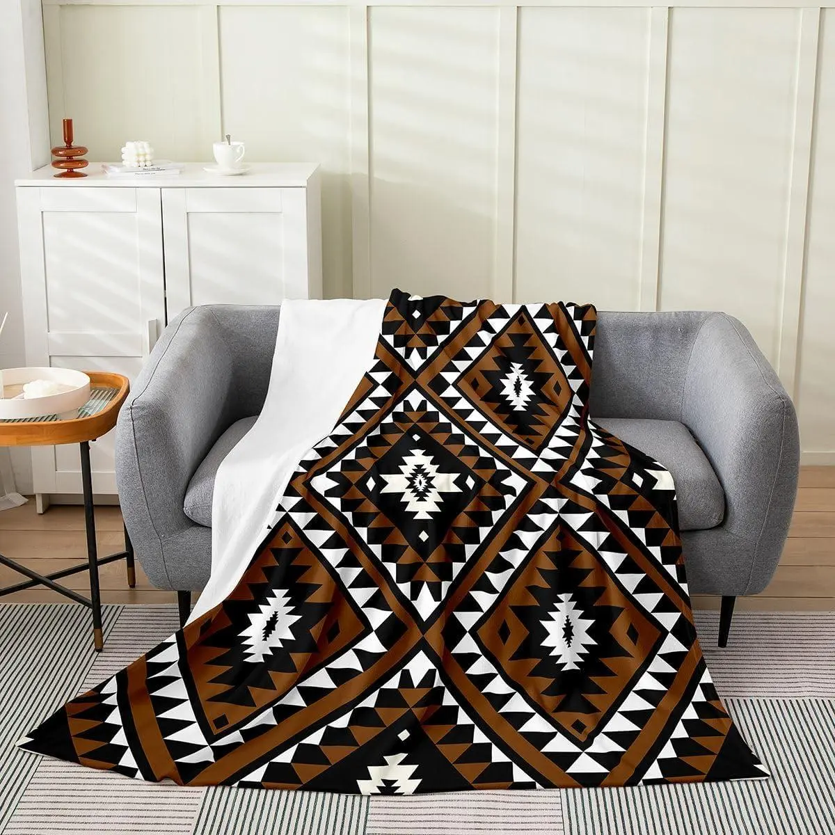 Rustic Western Fleece Flannel Blanket for Sofa Bed,Southwestern Aztec Throw Blanket Bohemian Bed Blanket Ethnic Mexican Style Geometric Diamond Fuzzy Blanket Brown Black Throw 50x60