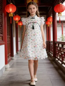 Summer Girls' New Traditional Loose Fit Cheongsam Dress, Mandarin Collar Flamingo Print Princess Dress, Birthday Party Gown