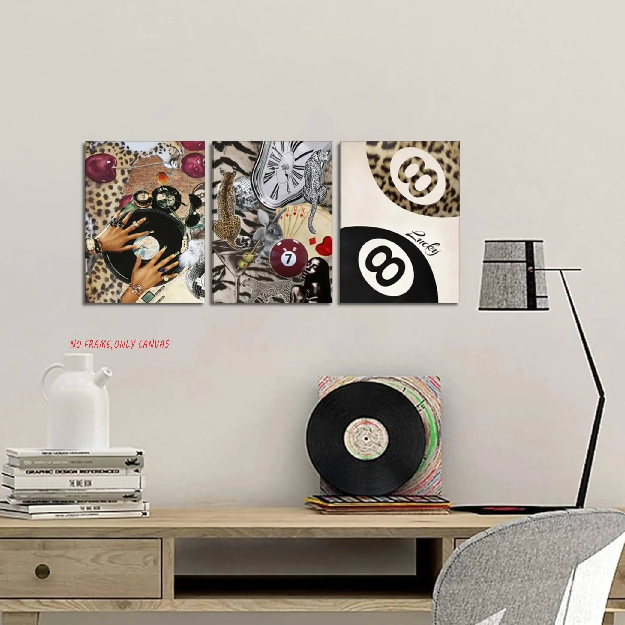 3-Piece Set / Fashion Cheetah Wall Art Leopard Print Wall Decor Lucky Eight Ball Poster Canvas Print Unframed Painting Art Print Deep Red Cheetah Artwork Suitable for Bedroom & Living Room Home Decor Supplies - Frameless