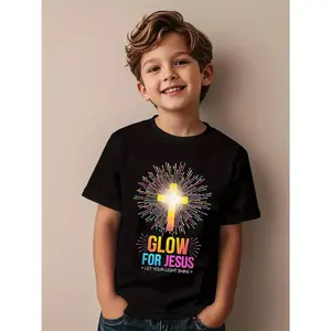 Kids' Glow in The Dark Christian T-Shirt - Glow for Jesus Church Events, Youth Group Activities - Soft Breathable Tee with Neon Cross & Glow-in-the-Dark Fireworks - Boys & Girls Religious Apparel for Easter, VBS, Casual Attire