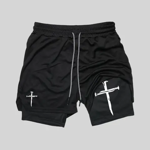 Men's Cross Print Drawstring Waist 2 in 1 Sports Shorts, Regular Fit Sporty Breathable Quick Drying Pocket Shorts, Summer Sports Bottoms for Gym Workout Running, Gym Clothing, Athletic Wear, Casual Sport Shorts, Comfy Breathable Shorts