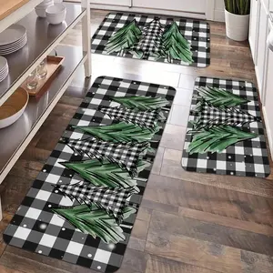 2/3pcs Christmas Kitchen Carpet Floor Mat, Retro Buffalo Grid Christmas Tree, Cedar Forest, Pattern Anti slip Floor Mat, Suitable for holiday kitchens, entrance doors, laundry rooms, bathrooms, living rooms, Christmas decoration floor mats, Checkered Rug