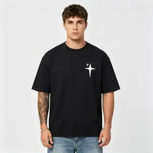 Men's casual four-pointed star pattern T-shirt - Bold letter print with cross star accents, breathable crew neck summer street style, machine washable, comfortable and versatile daily fashion T-shirt | Bold letter print | Regular fit, pure cotton T-shirt