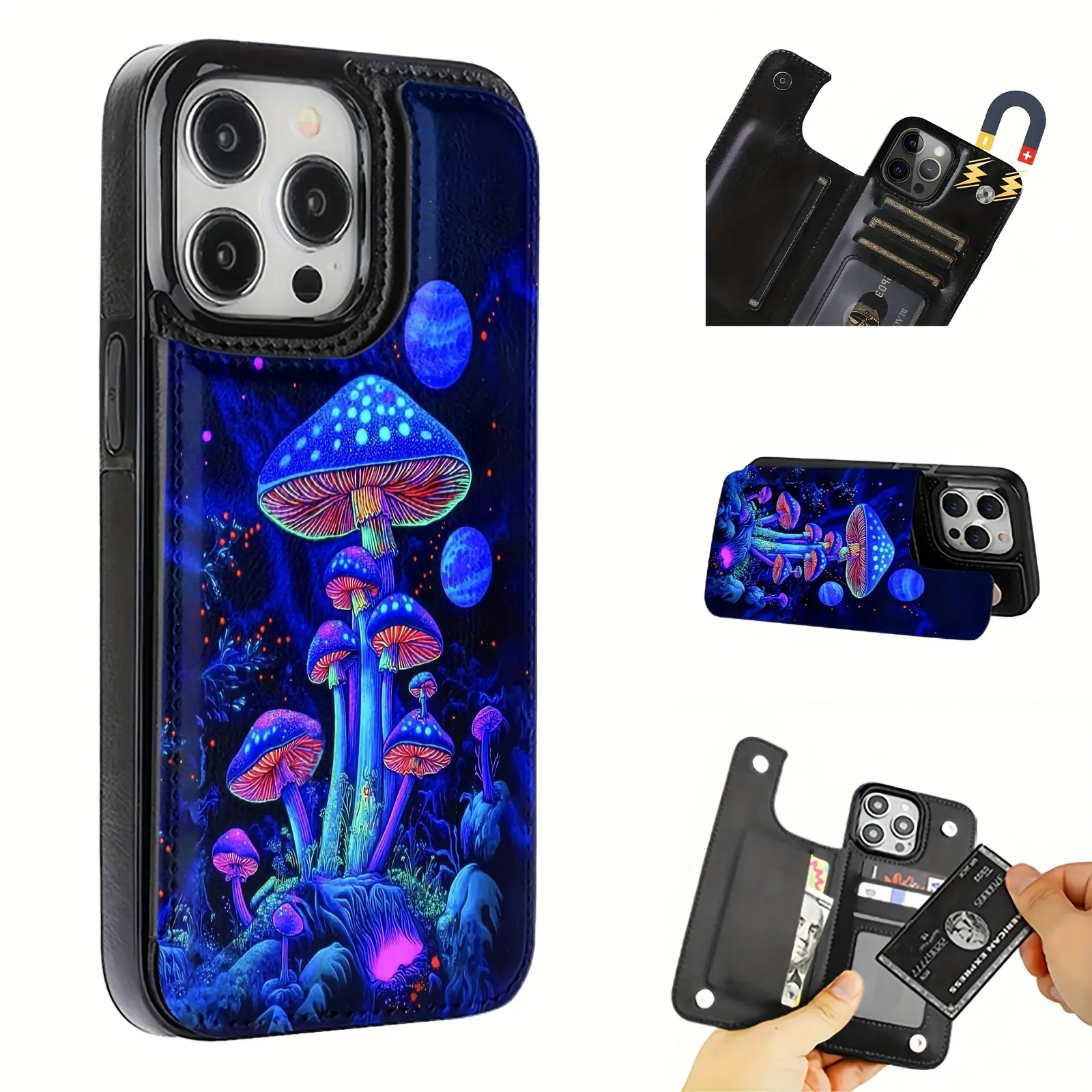 Magic Purple Mushroom Pattern Leather Card Holder Phone Case - Smartphone Handheld Cellphone Protection for iPhone 17 Air/16 Plus/15 Pro Max/14 Pro/13/12/11/XS Max/X Devices, Ideal Holiday Gift for Loved Ones, Casing