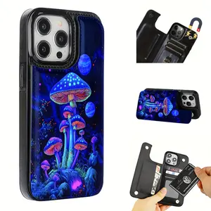 Magic Purple Mushroom Pattern Leather Card Holder Phone Case, Suitable for iPhone 17 Air/16 Plus/15 Pro Max/14 Pro/13/12/11/XS Max/X Phone Case, Perfect Gift for Thanksgiving and Christmas for Family, Friends, Lovers, Boyfriend, Girlfriend