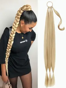 DIY Braid Ponytail Extension Long Straight Wrap with Braid Natural Soft Synthetic Hairpieces for Women Daily Wear Medium blonde 32 Inch Synthetic Extensions
