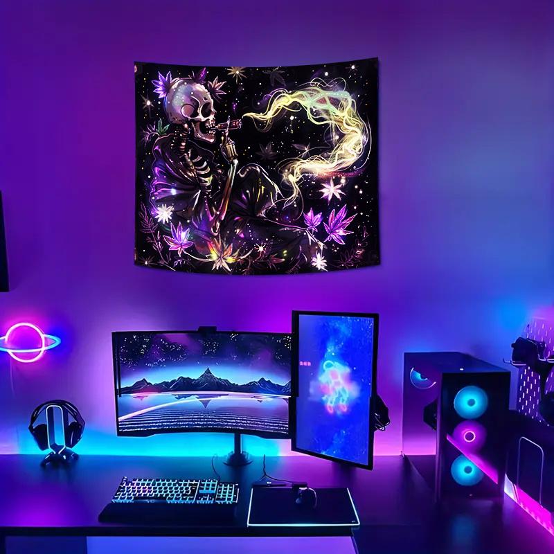 UV Black Light Reactive Wall Hanging Tapestry, Smoking Skull with Plant Leaves Smoke Design, Polyester Decorative Art, Knit Fabric, 85 gsm, for Dorm and Bedroom Decor, No Electricity Needed