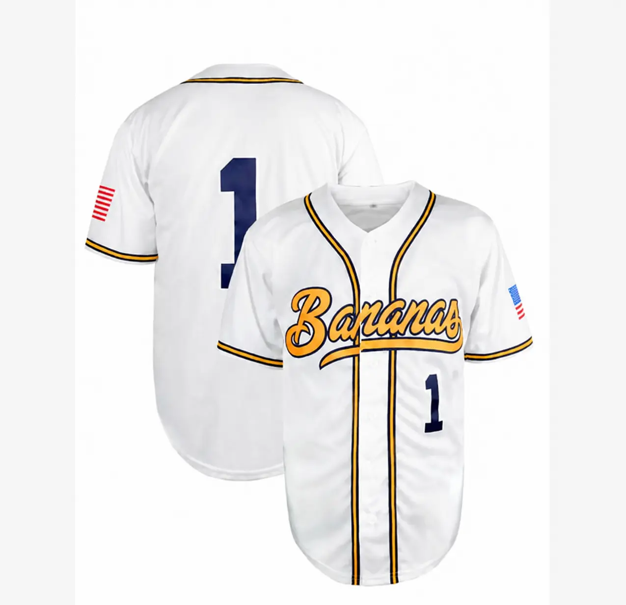 Banana Pattern Baseball Jersey, White Tropical Fruit Shirt, Number 1 Unisex Button-Up Summer Streetwear Top
