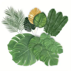 Plastic Silk Artificial Palm Leaves with Stems - 21 Pieces, 7 Kinds of Large & Small Green Fake Leaves for DIY, Tropical Decoration, Party Table Ornaments