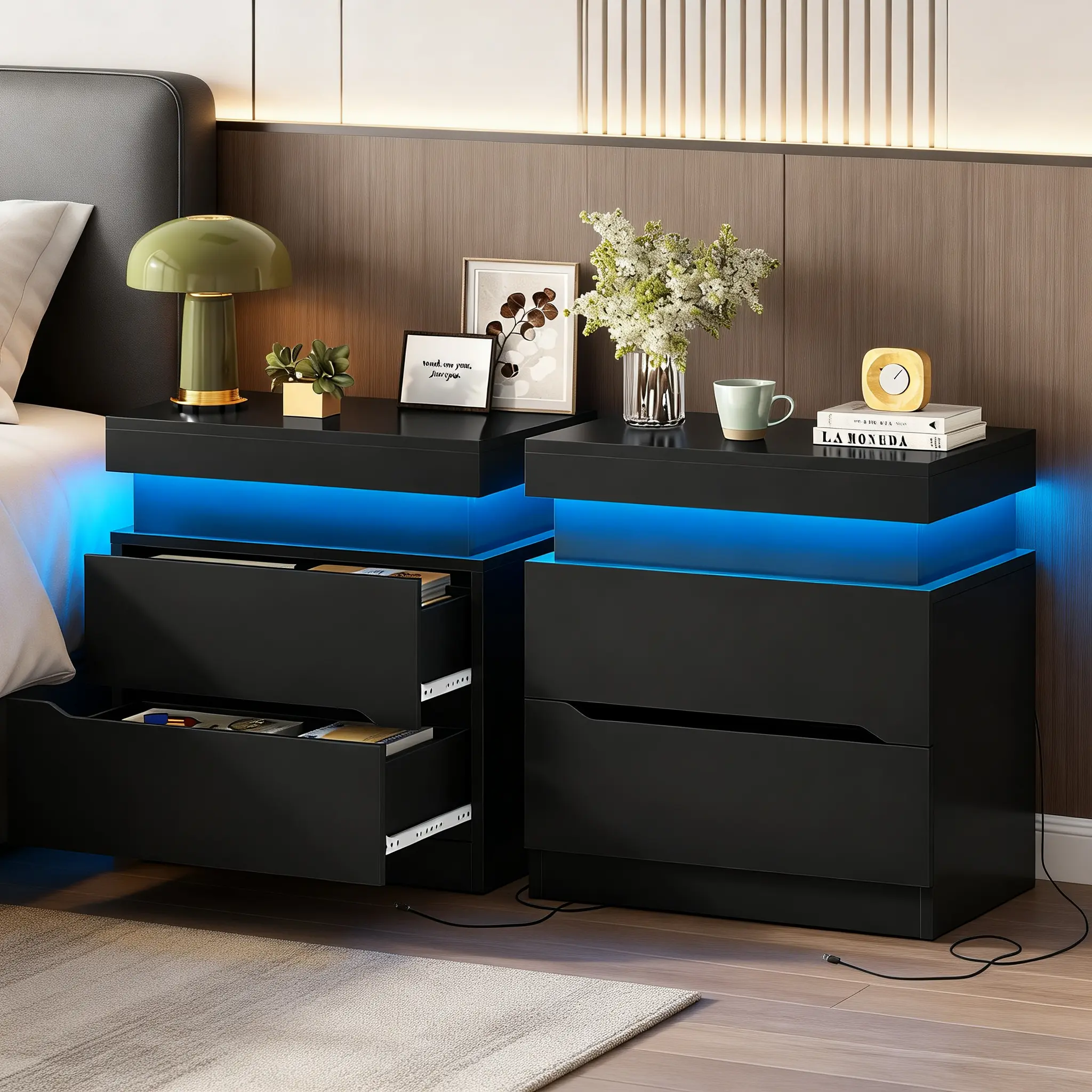Nightstands Set of 2 LED Nightstand with 2 Drawers, Modern RGB Light, Bedside Table with App & Remote Control, Recessed Handle, Smooth Metal Slides, Anti-Tip Kit, Bedside Table for Bedroom ,Gaming Room,Dorm Essential.