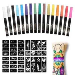 Temporary Tattoo Markers for Skin, 16-Count Body Markers+77 Large Tattoo Stencils of Assorted Colors for kids and Adults, Flexible Brush Tip, Bright colors, Skin-Safe*, Cosmetic-Grade. Makeup