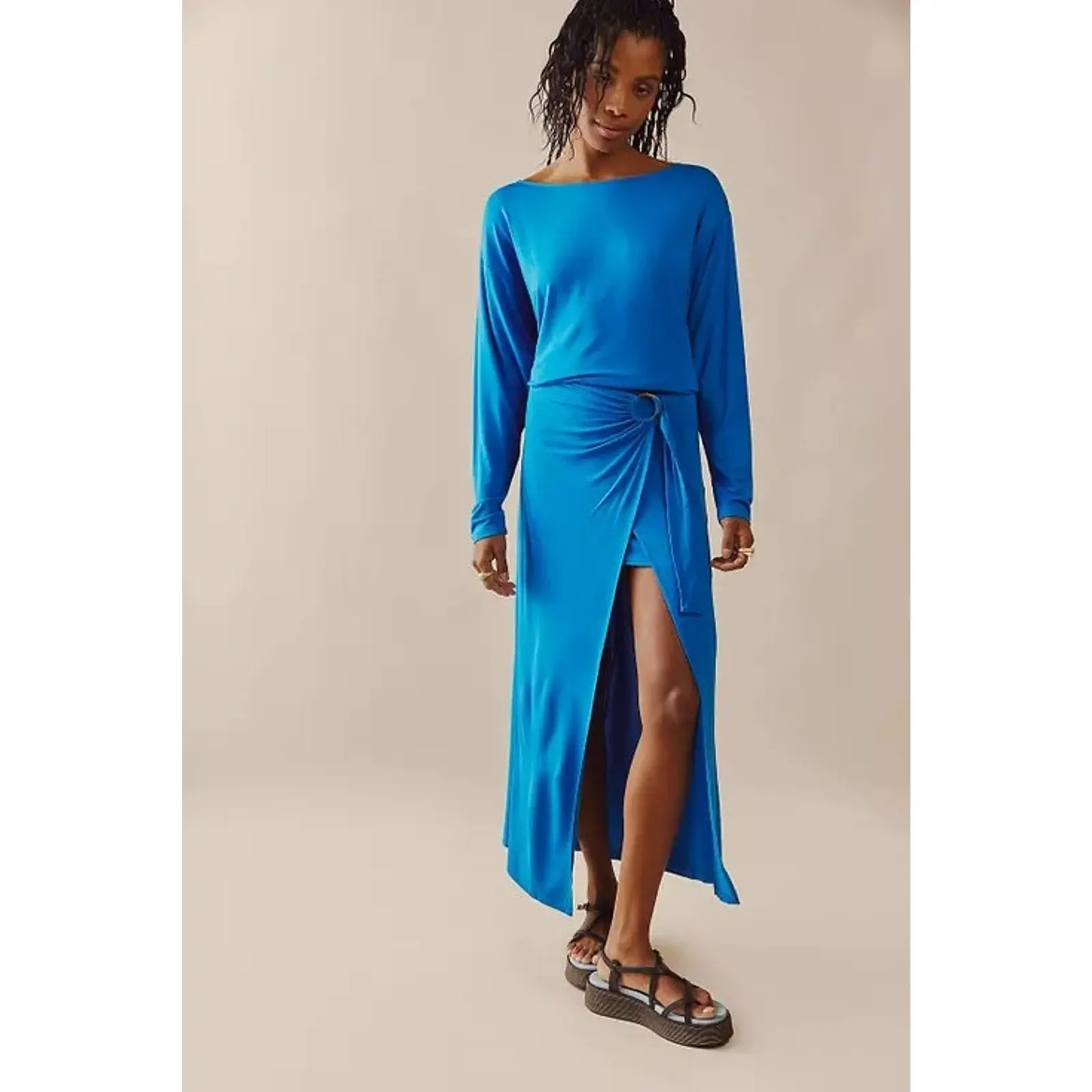 Free People Alyssa Long Sleeve Wrap Dress Maxi SMALL Blue