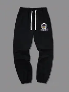 Men's Cartoon Astronaut Print Drawstring Waist Sweatpants, Casual Comfy Pocket Jogger Pants for Daily Wear, Men's Summer Clothing