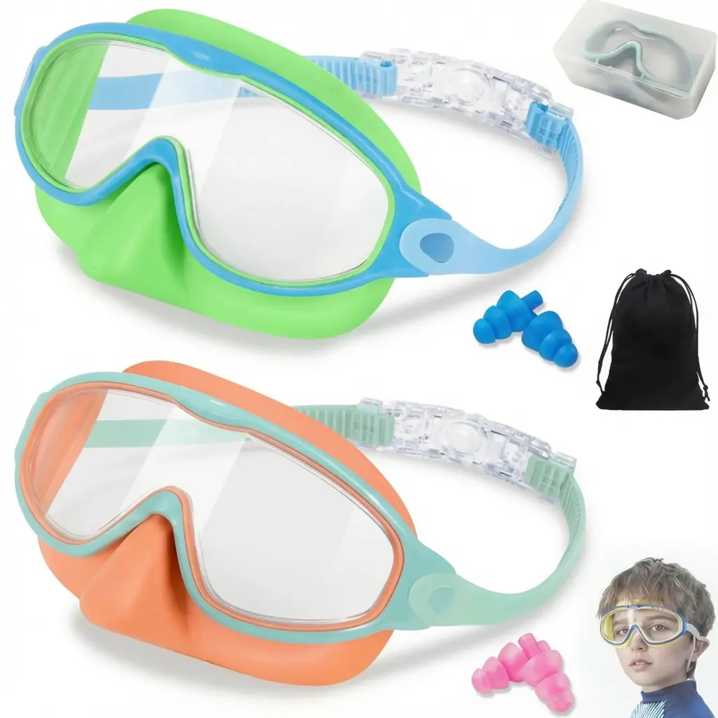 【SummerWins】2-Pack Swim Goggles with Nose Cover, Anti-Fog UV Protection Swimming Goggles, Wide View Comfortable Leak-Proof Pool Eyewear for Kids Ages 3–15, Adjustable Silicone Strap Swim Glasses for Swimming Lessons, Beach, and Summer Water Activities