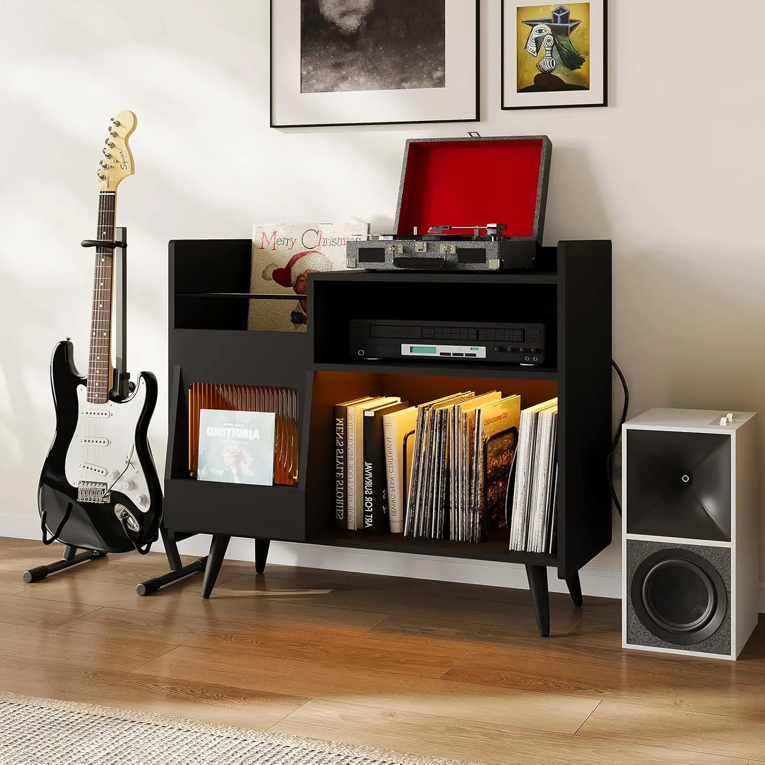 Large Record Player Stand with LED Light, Vinyl Storage Cabinet Record Player Table with Charging Station, Turntable Stand Holds Up to 350 Albums for Living Room