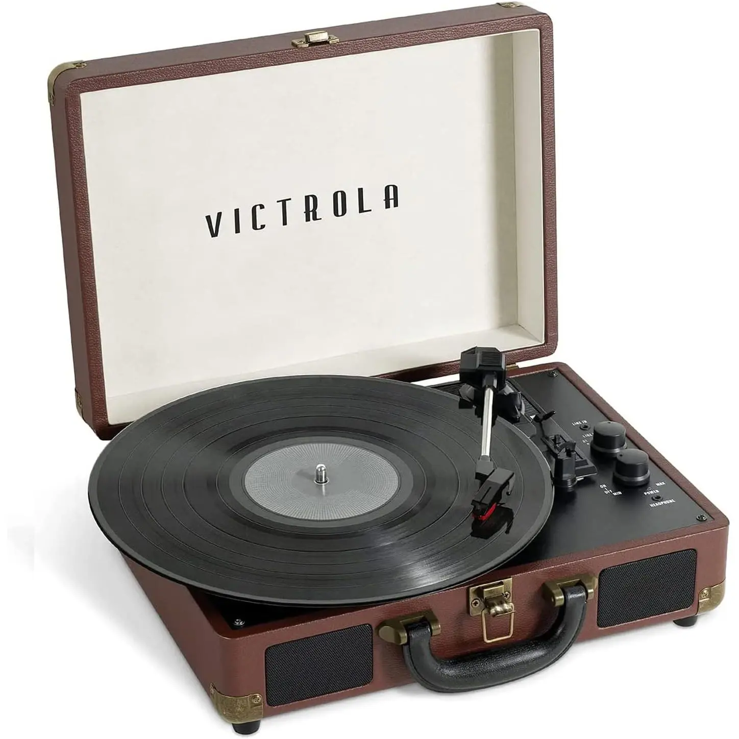 Vintage Dark Brown Durable Portable Suitcase Record Player for Bedrooms, Parties - 3 Playback Speeds, Bluetooth Connectivity, Built-In Stereo Speakers, Anti-Skip Play, Automatic Power Off, RCA Out, Headphone Jack, Vinyl Records Display