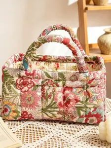 Vintage Floral Quilted Fabric Storage Basket, Foldable Portable Home Organizer, Multi-Use for Cosmetics, Toys, Daily Items, Bedroom, Bathroom, Living Room