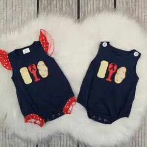 SR0740-Cute Baby Embroidered Corn Crayfish Navy Blue Vest Boys and Girls Cotton Bubble