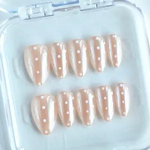 10pcs Short Almond Handmade Press-On Nails,Fall Nails,Nail Supplies,Champagne Nails, White Polka Dot Nails, Moonlight Powder Nails,Cute,Fake Nails,Simple Full Coverage Halloween And Christmas Nails Suitable For Women's Parties,Festival, Dances, Daily wear