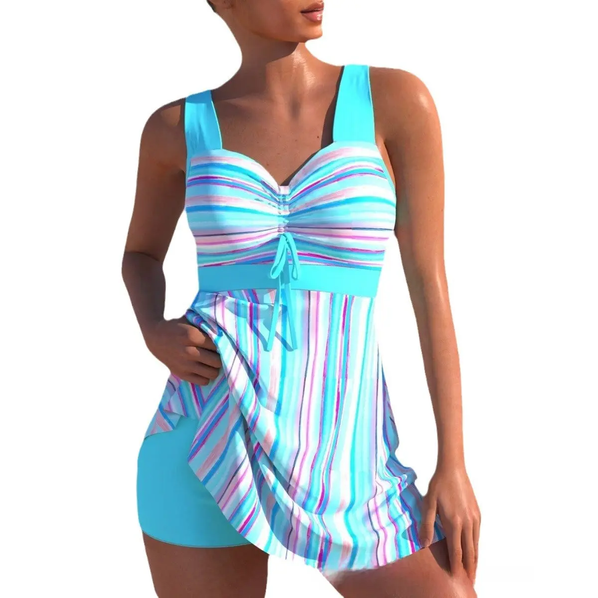 Women's High-Waist Tankini Set, Striped 2-Piece Skirt Swimsuit with Tummy Control, Padded and Wire-Free, Bathing Suit, Tankini Swimsuits, Polyester
