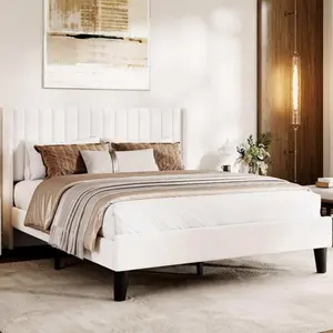 Gaomon Queen Size White Velvet Platform Bed - Vertical Channel Tufted Wingback Headboard with Wing Sides, Upholstered Bed with Wooden Slats, No Box Spring Needed, Easy Assembly