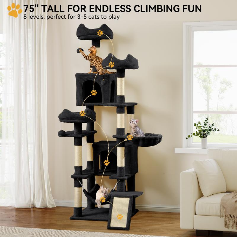 DWVO Tall Cat Tree Tower for Indoor Cats, 75in Multi-Level Cat Climbing Tower with Cat Condos, Top Perches, Hammock, Sisal Scratching Posts and Board, Kittens Play Activity Center DWVO Tall Cat Tree Tower for Indoor Cats, 75in Multi-Level Cat Climbing Tower with Cat Condos, Top Perches, Hammock, Sisal Scratching Posts and Board, Kittens Play Activity Center