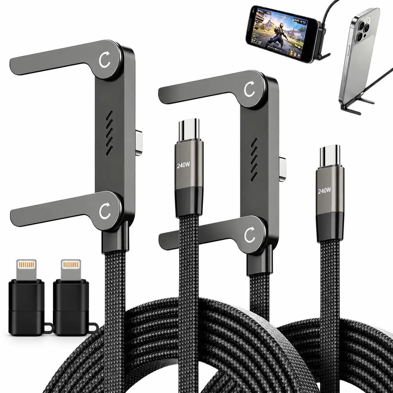 240W High-Efficiency Electronic Mobile Phone Accessories Kit - 2-in-1 Invisible Holder & Gaming Stand, USB-C Nanofiber High Speed Charger Cord, Car Travel Adapter for iPhone, Samsung (Black)