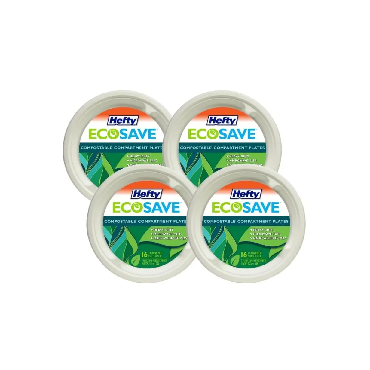 HEFTY ECOSAVE Compartment Disposable Paper Plates, Plant-Based, 10.125 in, Party & Home Tableware, 16-Count per Pack, 4 Packs Total