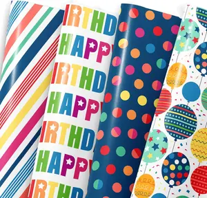 Birthday Wrapping Paper for Boys Girls Women Men,12 Sheets Gift Wrapping Paper with “Happy Birthday” Polka Dots, Balloons, Colorful Stripes - Holiday Gift Wrap 20×28 Inch