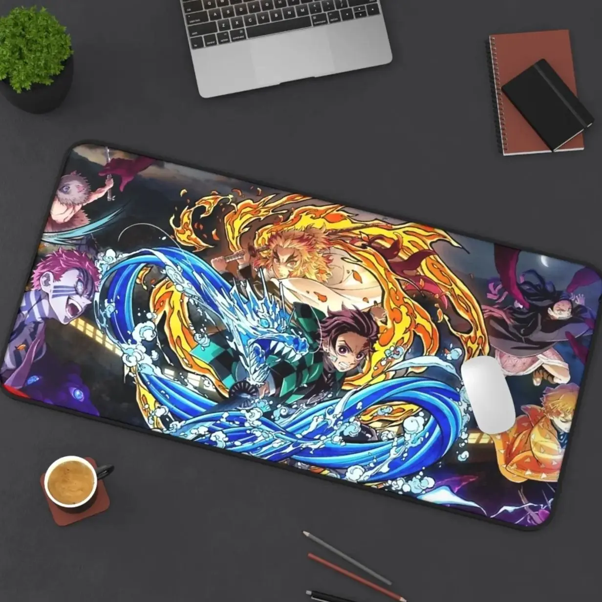 Demon Slayer Tanjiro & Rengoku Combat Desk Mat | Water and Flame Hashira XL Gaming Mouse Pad | Manga Anime Gamer Playmat | Anime Gift Idea