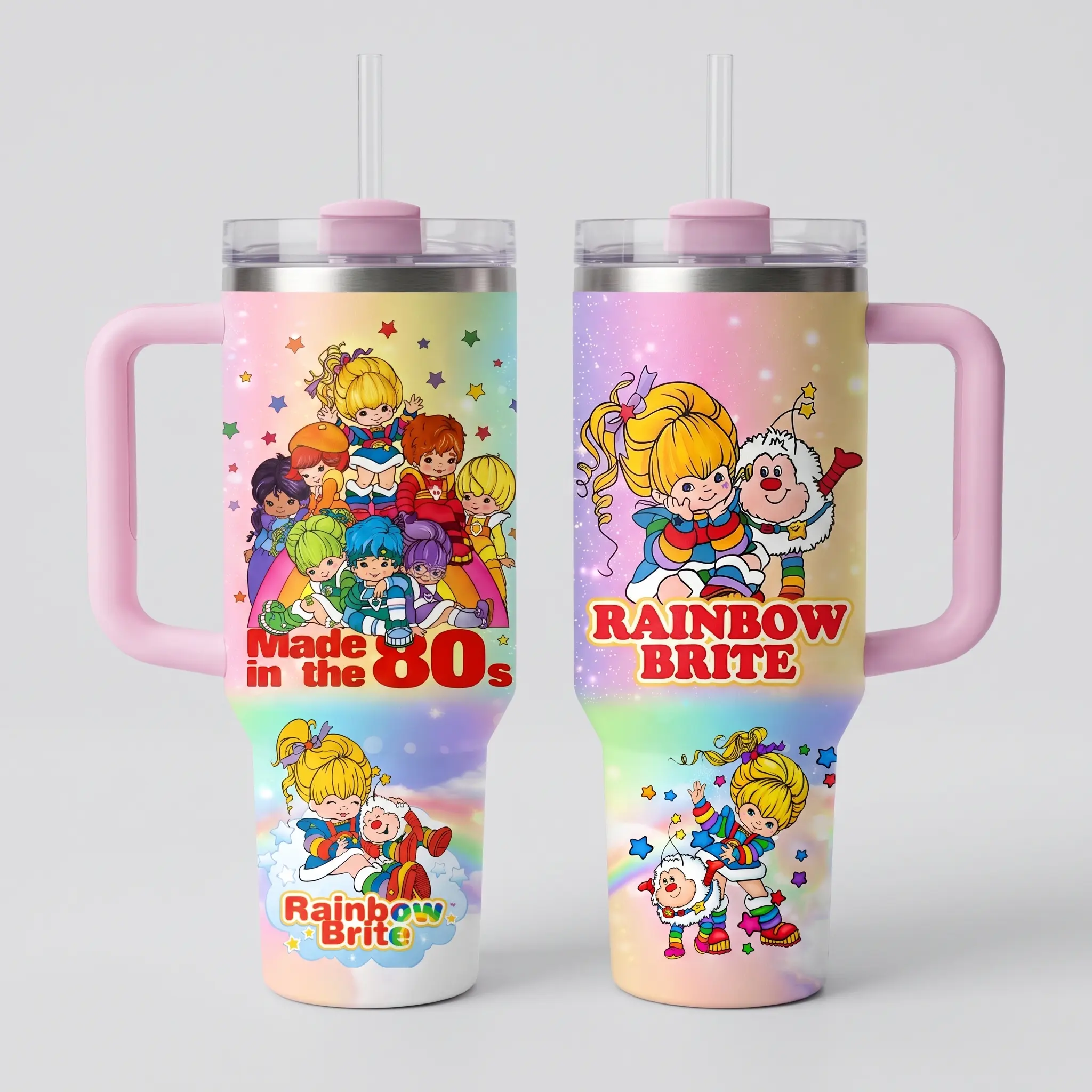 Retro 80s Rainbow Brite Character Tumbler, Rainbow Brite Insulated Cup w Straw & Handle, Pink Lover Gift