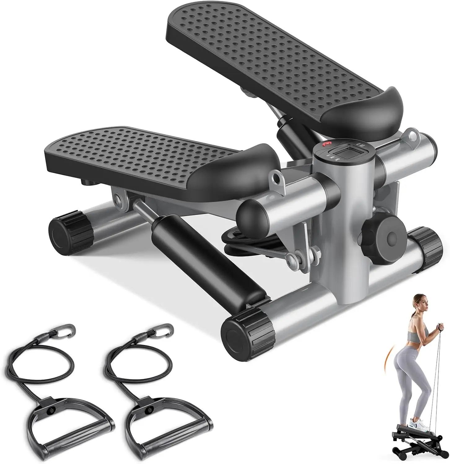 Compact Hydraulic Mini Stair Stepper Machine - 300lb Weight Capacity, Adjustable Steps, Resistance Bands, LCD Display, No-Assembly Home Cardio Fitness Equipment