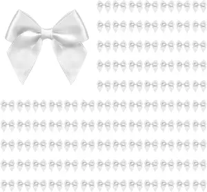 100 count Bows for  Wrapping, 2.75" Satin Ribbon Bows with Double-Sided Tape, Small Bows for Crafts, Bow Decor, Mini Bows Decorations for Party  Shower Birthday Wedding (White)