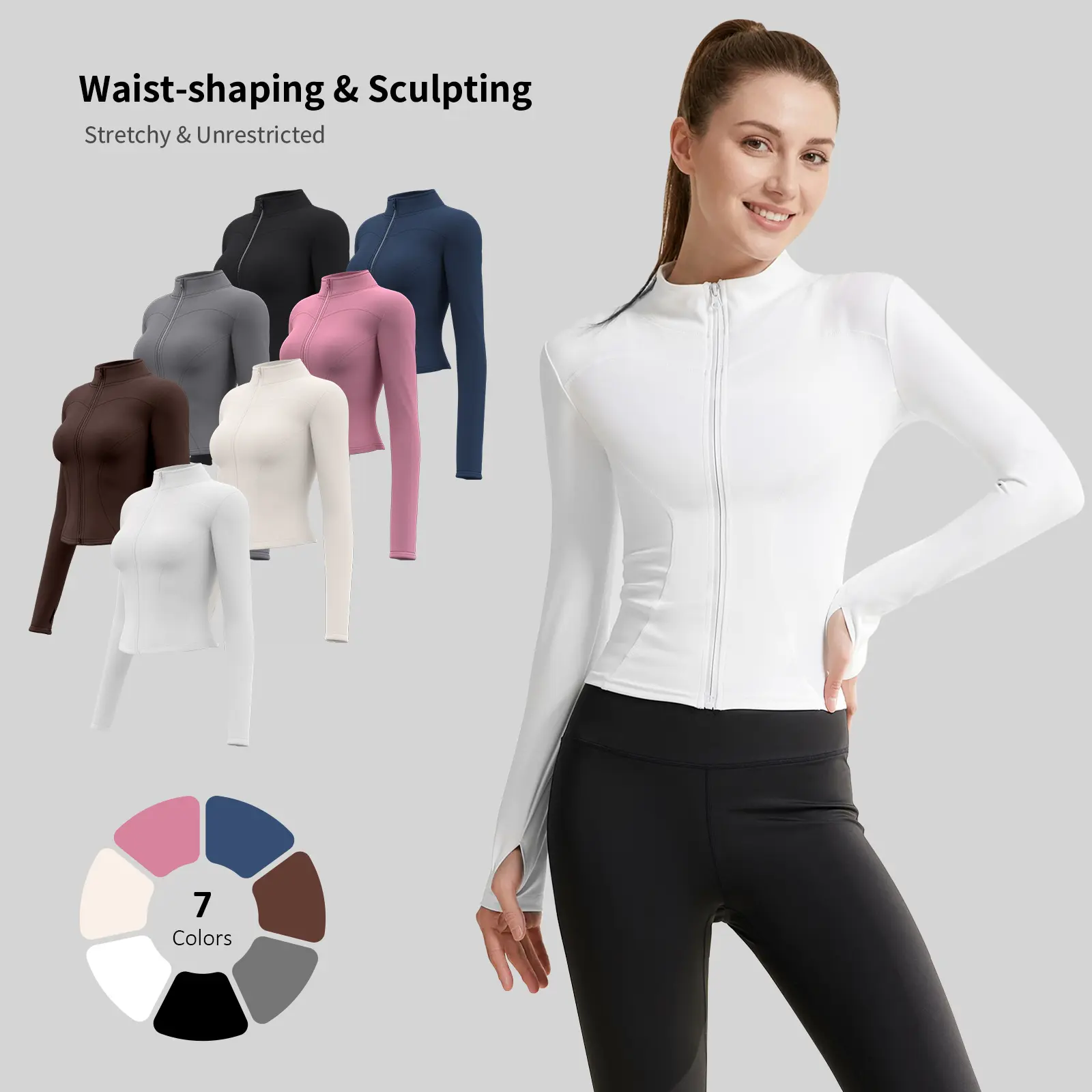 T&W Lady's Full Zip-Up Long Sleeve Soft Shell Jacket Tops, Slim Fit Lightweight Basic Workout Running Outfits with Thumb Holes for Yoga, Gym