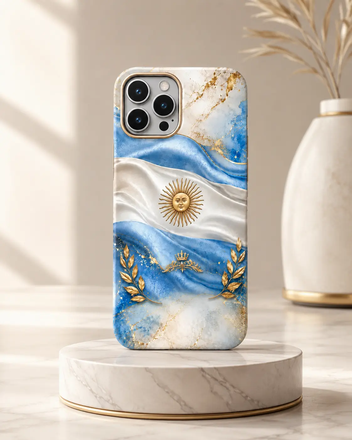 Argentina Flag Marble Phone Case for Apple, Luxury Sun Emblem Protective Cover