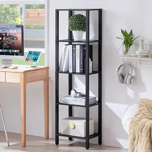 54in Tall Bookshelf 5-Tier Small Narrow Bookcase, Skinny Book Shelf for Small Space, Farmhouse Slim Shelf with Storage,  Freestanding Display Thin Bookshelves for Living Room, Office, Black