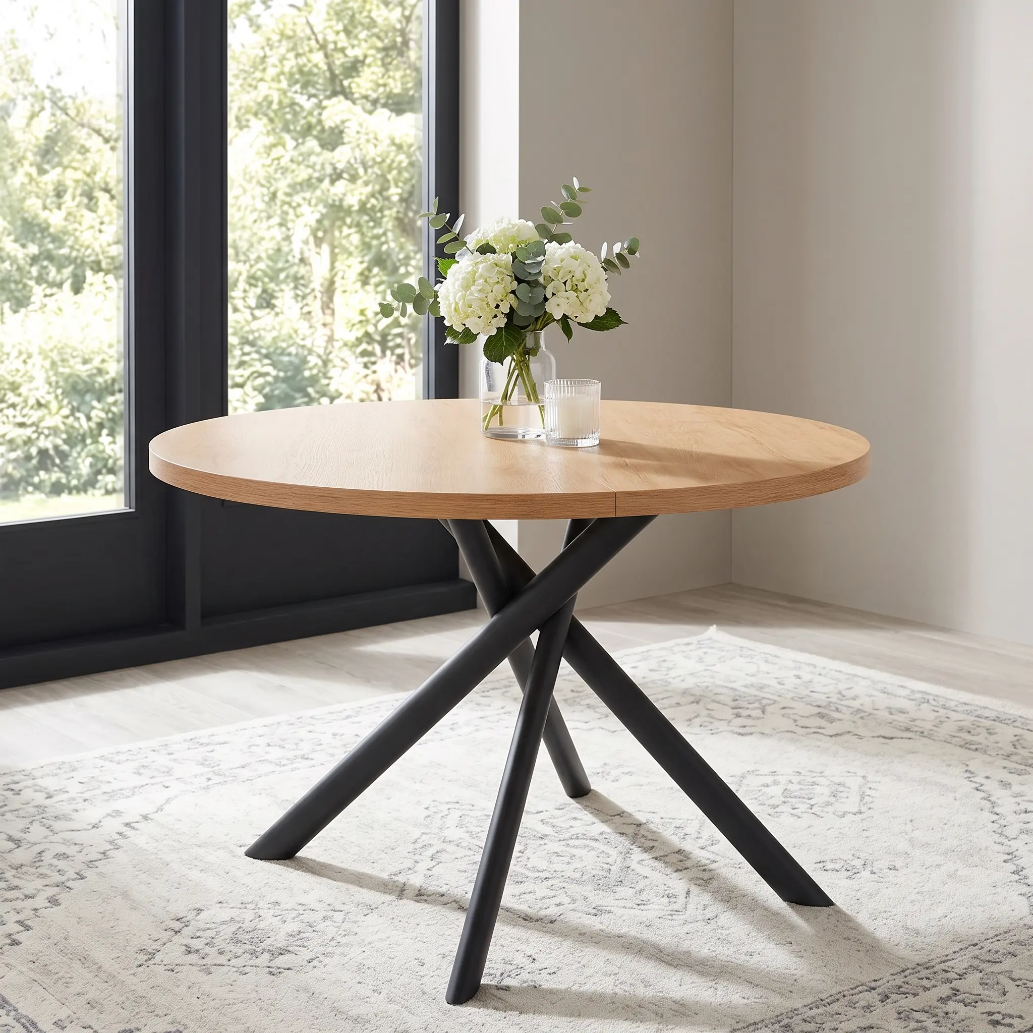 Modern Round Wood Dining Table - Natural Wood Grain Tabletop with Minimal Two-Tone Design, Stable Crossed 3-Leg Base, Spacious Legroom & Space-Saving Kitchen Dining Room Furniture for Apartments and Small Spaces