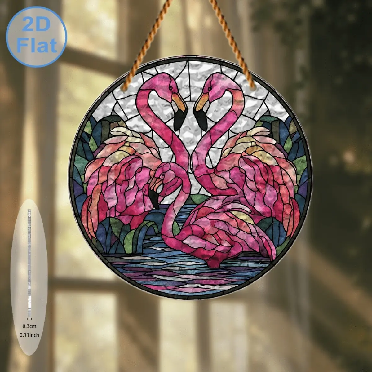 2D Flat, Round Flamingo Window Hanging Suncatcher - Vibrant Pink Suitable for Doors, Walls, Bathrooms - Luminous Acrylic Flamingo Decor with Hanging Pendant, -Free Bird for Decoration, Durable for Panels & Mirrors, 2D Flat,shadow