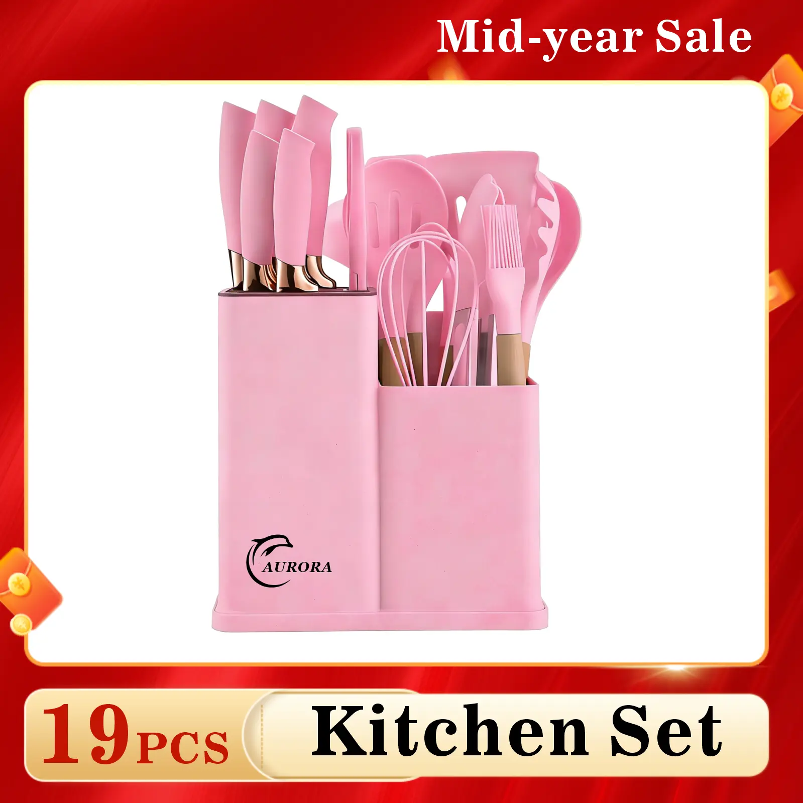 19-Piece Kitchen Knife Set with Heat-Resistant Silicone Cutlery & Wooden Handles — Includes 5 knives and a non-stick compatible cooking tool set. An ideal holiday gift.