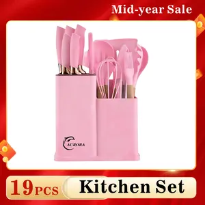 19-Piece Kitchen Knife Set with Heat-Resistant Silicone Cutlery & Wooden Handles — Includes 5 knives and a non-stick compatible cooking tool set. An ideal holiday gift.