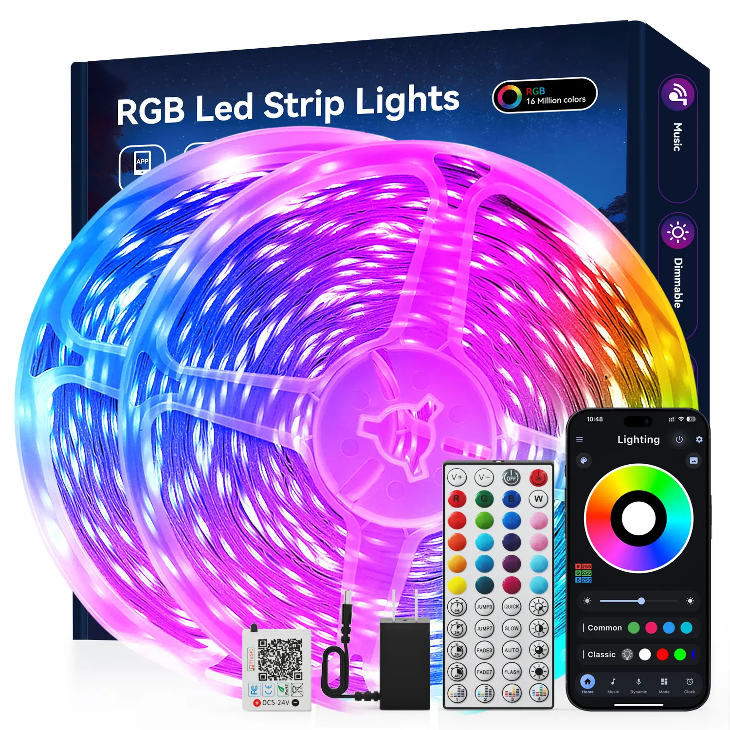 RGB Smart LED Light Strips - App & Remote Control, Music Sync, Gradient Dimmable Effects, Indoor Cool Gadgets for Apartment Stuff & Bedroom Decor