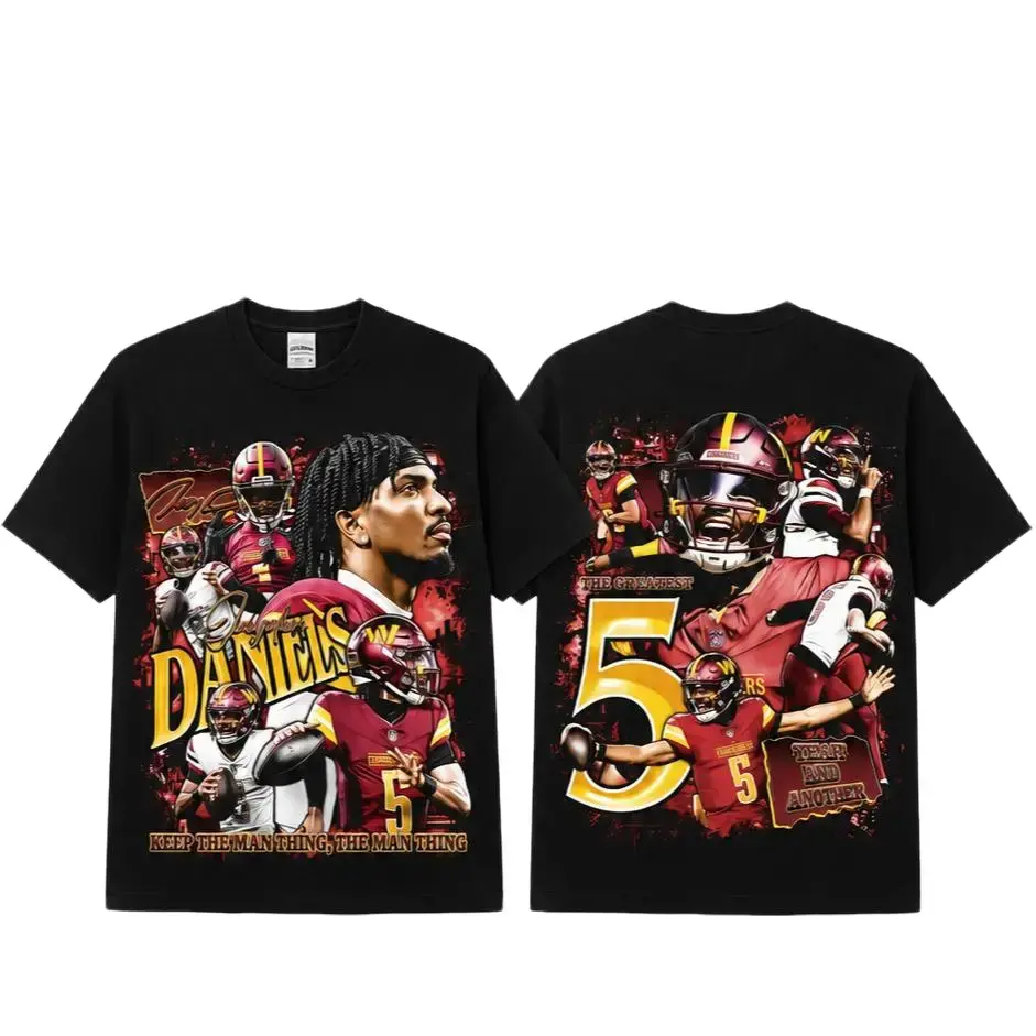 Jayden Daniels #5 T-Shirt, Washington Football Vintage Graphic Tee, Double-Sided Quarterback Shirt, Retro Game Day Streetwear, Oversized Acid Top, Football Fan Gift