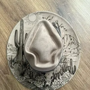 Hand Burned Wild and Free Desert Felt Cowboy Hat with Cactus and Sun Design