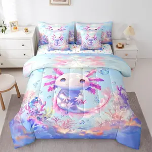 Girls Cute Axolotl Bed Bag,Kids Sea Ocean Animal Comforter Bed Set with Sheets,Girly Cartoon Axolotl Bedding Set,Teens Kawaii Salamander Quilt Duvet Bed Set
