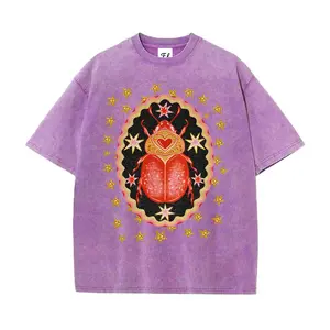 Star Heart-shaped Ladybug Print T-shirt Oversize Unisex Washed T-Shirt for Women and Men's Unisex Fit Batik Cotton Oversize Streetwear Menswear  Super Soft Pre-Shrunk